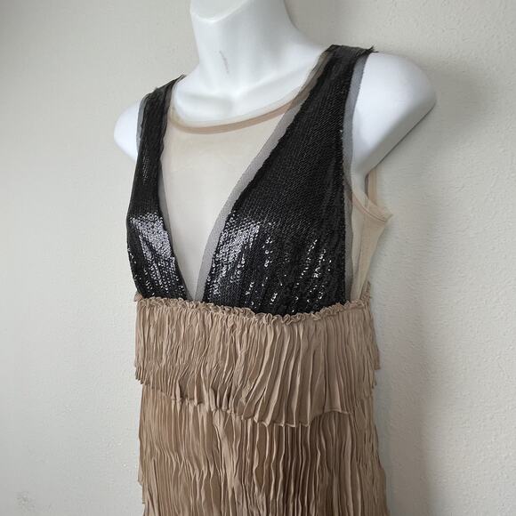 BCBGMAXAZRIA Averil Mesh Sequin Tiered Mini Dress XXS Nude Black Tan - Picture 4 of 10